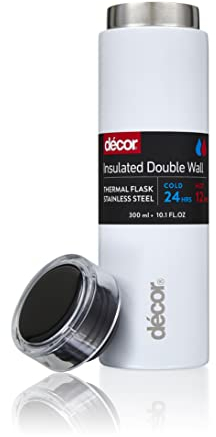 Décor Double Wall Stainless Steel Travel Mug - Keeps 4 Hours Hot - 12 Hours Cold - Car Cup Holder Compatible - Removable Screw Top Lid - 300ml White.