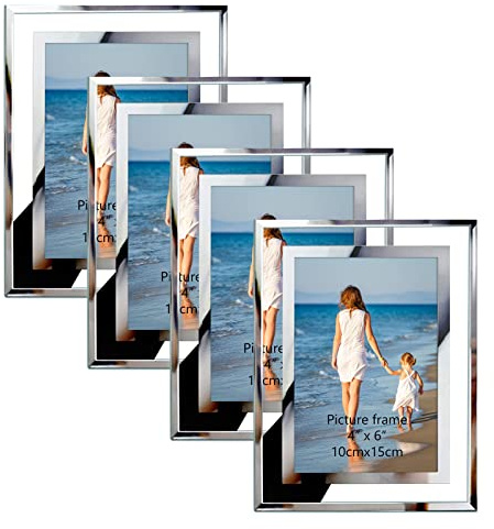 Hoikwo Bulk 4x6 Picture Frames, 4 Packs Silver Photo Frames 4 by 6, Glass Wedding Frames 4x6, Clear Mirror Wedding Photo Frames, Only for Tabletop Display Vertically or Horizontally