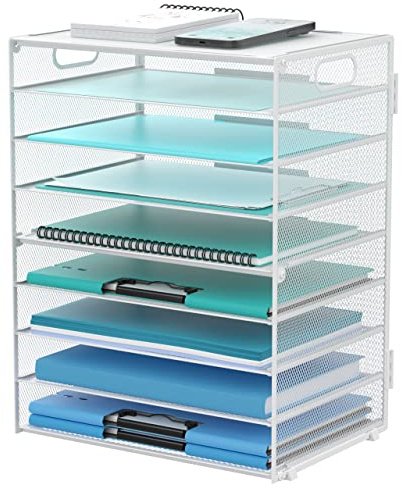 DALTACK 9-Tier Paper Letter Tray Desk Organizer with Handles, Mesh File Holder Organization, Paper Sorter Desk Organizer for Office Home School, White