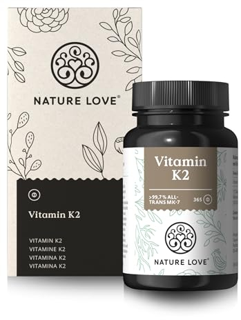 NATURE LOVE® Vitamina K2 MK-7-365 compresse - 100µg per compressa - contenuto di MK-7 menachinone all-trans >99,97% - ad alto dosaggio, vegane, testate in laboratorio e prodotte in Germania