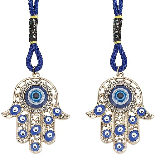 CRASPIRE 2pcs Hamsa Hand Amulet Pendant Hand of Miriam with Evil Eye Hanging Ornament Pendant Decorations Blue Lucky Protection Alloy Enamel Decor Accessories Gift for Car Rear View Mirror Balcony