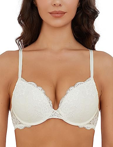 Wingslove Damen Push Up BH mit Floraler Spitze gepolsterter Bügel BH Komfort BH (Elfenbein, 85B)