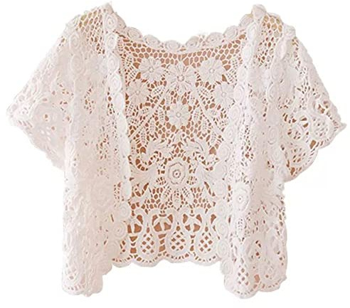 AOOOWER Coprispalle da donna a maniche corte all'uncinetto scava fuori fiore pizzo aperto davanti cardigan corto protezione solare smerlato bolero per Jack