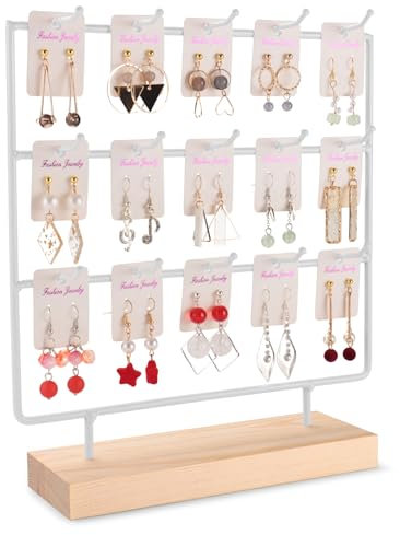 shidaishiye Organizador Pendientes, Metal Colgador Pendientes, Expositor Pendientes con Base de Madera (3 Niveles, 15 Ganchos, Blanco)