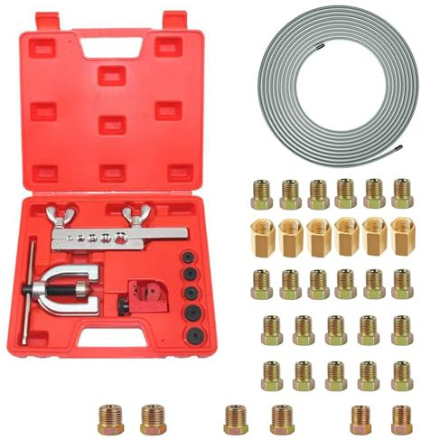 KOUTIANWU Brake Pipe Flaring Tool, Brake Flaring Tool Set for Brake Lines, 10m Ø 4.75mm (3/16) Brake Line with 28 Connections & 6 Unions Brake Tubing Fittings