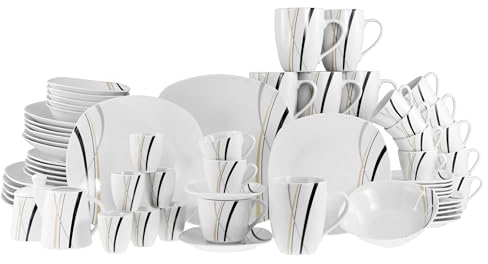 CreaTable, 22537, Serie Square City Line, 62-teiliges Geschirrset für 6 Personen, Kombiservice aus Porzellan, spülmaschinen- und mikrowellengeeignet, Qualitätsproduktion