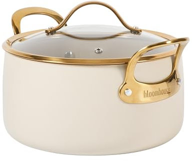 Bloomhouse - Two Time Oprah's Favorite Things Winner - 6 Quart Heavy Duty Aluminum Premium PFA Free Ceramic Nonstick Dutch Oven Pot with Lid - Almond Cream w/Gold Handle