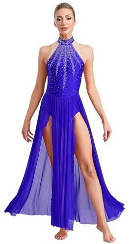 RUNQHUI Vestito da ballo classico da donna, costume da danza contemporanea con strass, body da ginnastica con pattinaggio, blu, S