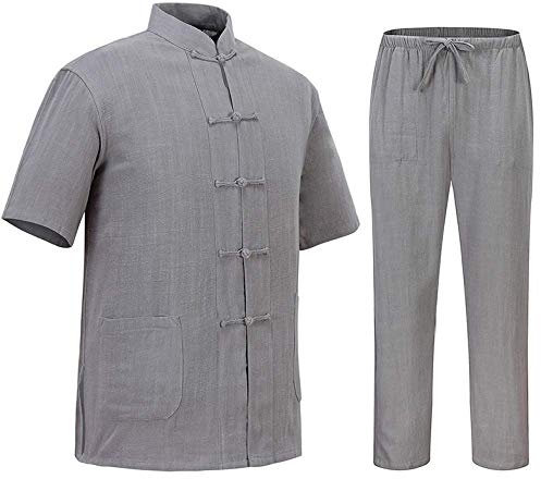 Tai Chi Kleidung Damen Herren Tangzhuang Herren Kurzarmjacke Kampfsportanzug Baumwolle Leinen Geeignet Für Erwachsene Atmungsaktive Oberteile Tang-Anzug Morgengymnastik Schwarz-170/Schwarz/185 (Grau