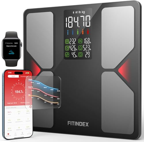 FITINDEX Smart Scale with BMI, Body Fat, Muscle Mass, Scale for Body Weight and Fat Percentage, High Accurate Bluetooth Scale with Large Display, 13 Body Composition Analyzer Sync APP, 500lbs, 11.8