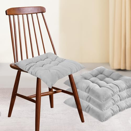 Lot de 4 Coussins de Chaise, Coussins D'assise 40 x 40 cm pour L'intérieur et L'extérieur, Ensemble de Chaise avec Attaches, Chaise de Bureau Balcon pour Salle à Manger Salon (Gris argenté)