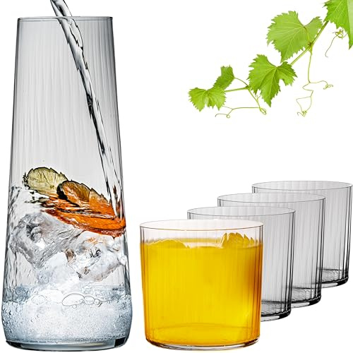 IMPERIAL Karaff med 4 dricksglas – räfflad glaskaraff 1240 ml och vattenglas 350 ml av Crystalline glas London diskmaskinssäker