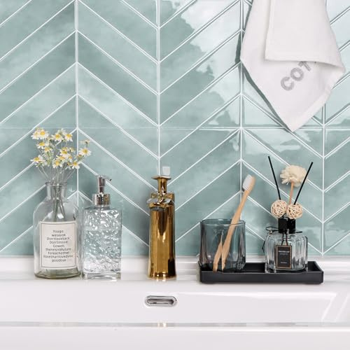 Alwayspon 10 hojas de 11,43x9 pulgadas de pegatinas de azulejos de vinilo 3D para pared con patrón de espiga turquesa, despegar y pegar, autoadhesivas, impermeables, calcomanías de azulejos adhesivos