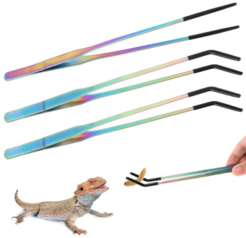 Fukaisu 3pcs Reptile Feeding Tongs, Stainless Steel Reptile Feeding Pliers Straight & Curved Tweezers Tool for Terrarium Bearded Dragons Lizards Snakes Tarantula