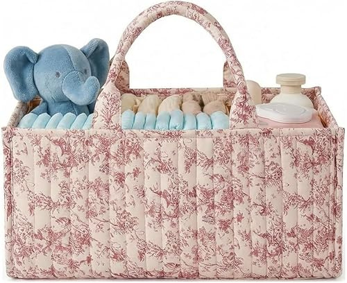 Starnearby Panier de Rangement Bébé en Tissu Matelassé, Panier à Couches pour Bébé à Motif Floral, Rangement pour Couche et Lingette, Organiseur de Couches pour Table à Langer, Voiture (Fleurs roses)