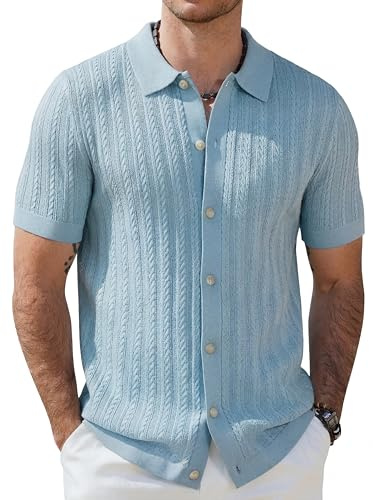 COOFANDY Polo Hombre Manga Corta Punto Cuello Abotonado Trenzado para Verano Golf Casual Deportivas