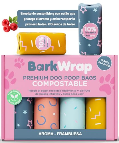 240 Bolsas Caca Perro Biodegradables y Compostables con Aroma Frambuesa Extra-Gruesas Bolsa Excremento Perro Ecológicas Certificadas A Prueba de Fugas 16 rollos Dog poop bags