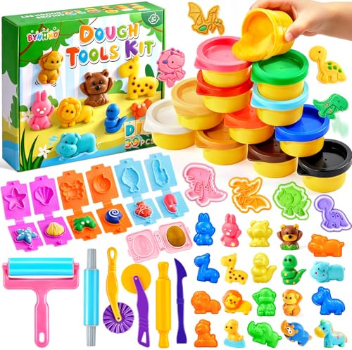 BYHANO 39 stycken lertillbehör för barn, lermasseset med 12 stycken färgglada Dough, plastilinverktygset med dino och 3D-djurformer, knådningsverktygset, presenter till pojkar och flickor från 3 år