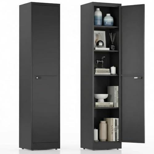Armoire multifonction en acier de 40 cm de large, verrouillable avec 1 porte et 4 étagères, armoire de bureau pour coin, salle de bain, cuisine, 180 x 40 x 35 cm, noir