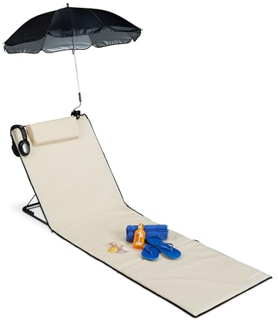 Relaxdays Strandmatte, gepolsterte Strandliege XXL mit Sonnenschirm, 3-stufig verstellbar, Kopfkissen, tragbar, beige