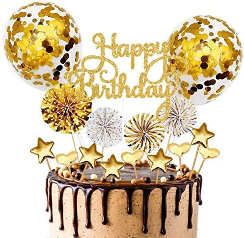 17 Stück Tortendeko Gold,Tortendeko Geburstagstorte,Happy Birthday Kuchendeko,Glitter Cake Topper Happy Birthday,Cupcake Topper mit Sternen Liebe Konfetti-Luftballons und Papierfächer