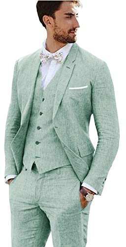 Furuyal - Completo in lino, 3 pezzi, stile vintage, retrò, abiti da sposa slim fit, giacca da sposo, smoking, Verde chiaro, M