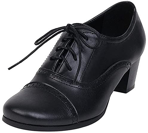 MJIASIAWA Femmes Bout Rond Bureau Travail Décontractée Blocdentellets Richelieu Escarpins Classique Talons Moyen Comfy Chaussures Rétro Chaussures Noir Taille 38 EU/39 Asiatique
