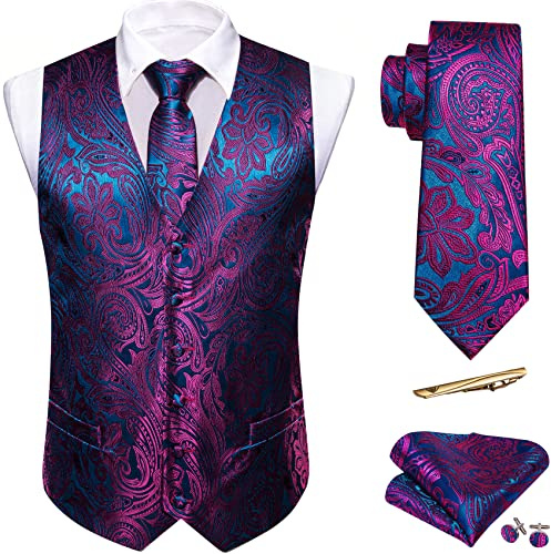 Barry.Wang Mens Suit Vest Paisley Silk Jacquard Waistcoat Ties Set Formal/Leisure 5PCS