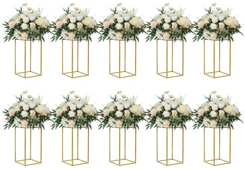 YALLOVE 10 Pcs 15.75 Gold Wedding Flower Stand Metal Vase Column Stand Geometric Centerpiece Vase for Home Party Wedding Decorations, Rectangular Flower Display Rack