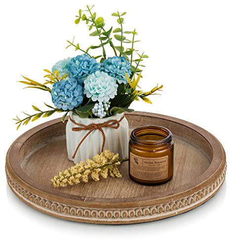 Hanobe Vassoio decorativo in legno rotondo rustico con perline per divano, casa colonica, cucina, bancone, credenza, decorazione da tavolo in stile vintage per soggiorno, candelabri, organizer per