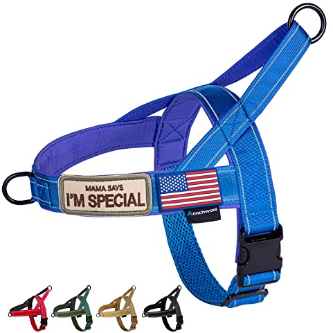 Annchwool No Pull Dog Harness with Soft Padded Handle,Reflective Strip Escape Proof and Quick Fit to Adjust Dog Harness,Easy for Training Walking for Small & Medium and Large Dogs(Blue,L)