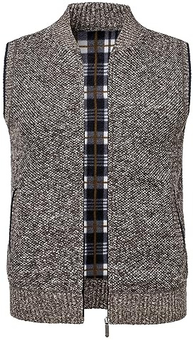 Yukirtiq Maglione Uomo Gilet Senza Maniche Cardigans Invernale Foderato in Pile Lavorato Gilet Cardigan Giacca a Maglia con Cerniera e Tasche, Marrone, L