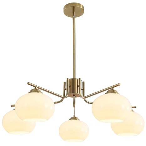 KCO Lámpara de araña Sputnik de 5 luces con forma de globo de montaje empotrado de latón y oro, accesorio de iluminación colgante de bola de vidrio de leche, lámpara de isla de cocina, lámpara de