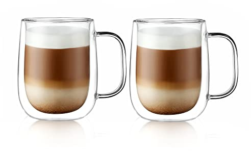 CNGLASS Large Double Wall Glass Coffee Mug 15.2oz,Clear Insulated Glass Espresso Cup with Big Handle,set of 2