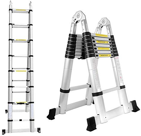 Ansobea Teleskopstege 5 m (2,5 m + 2,5 m), aluminiumfällbar stege, utdragbar multifunktionsstege teleskopstege, belastning 150 kg, silver