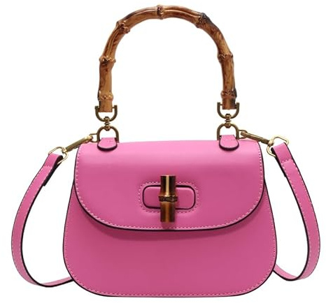 Women top handle bag, Bamboo Satchel Crossbody bag, Vintage Satchel shoulder bag (Pink), Pink