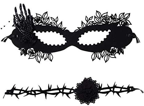 JewelryWe Venezianische Maske mit Choker Damen: 2pcs Gothic Schwarz Rosen Blume Maske Halskette Set Maskerade Augenmaske Verstellbar Halsband Kropfband Kette Kostüm für Halloween Karneval Cosplay