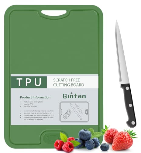 Gintan Flexible TPU Chopping Board, BPA Free with Knife and Juice Groove, Scratch-Resistant Flexible Chopping Boards for Kitchen, Dishwasher Safe, Easy Grip Handle, Non-Slip (Dark Green)