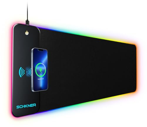 Schkner RGB Gaming Mouse Pad with Wireless Charging 15W, Large Desk Mat 800x300x4mm, 10 Light Modes Keyboard Pad with Non-Slip Rubber Base, Waterproof Mousepad for Gaming PC MacBook Laptop