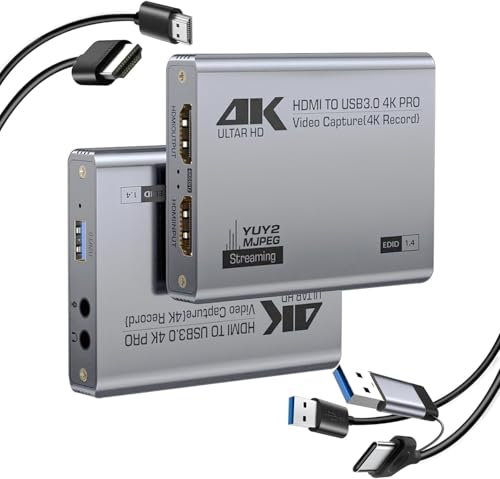 4K HDMI Video Capture Card Audio Video Capture Card, USB 3.0 Capture Card 4K HDMI Loop-Out, 1080P 60FPS/2K 30FPS Video Game Capture for Streaming Funciona para PS5/Switch/Cámara/PC/OBS