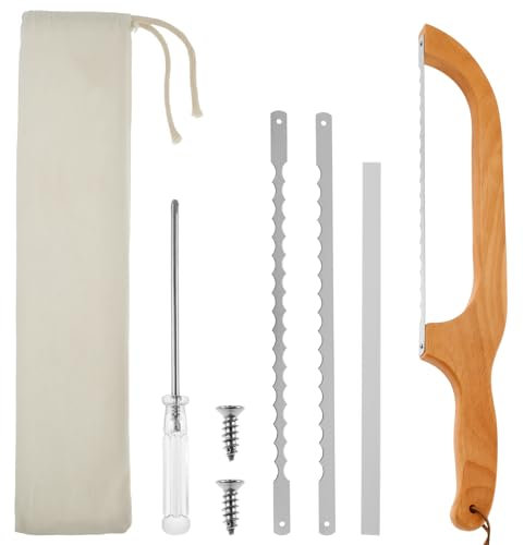 Jokapy Bread Bow Saw Knife with 2 Extra Stainless Steel Serrated Blades Ergonomic Wood Handle Bread Bow Knife Multipurpose Bread Saw Slicer for Homemade Bread Bagels Baguettes and More xiangbaoshang