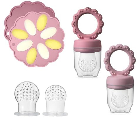 ZUFIO Fruchtsauger Baby -Fruchtsauger Baby ab 6 Monate (2 Fruchtsauger + 1 Eisform+3 Schnuller) für Babynahrung Muttermilch Eiswürfel (Rosa/Lila2+1)