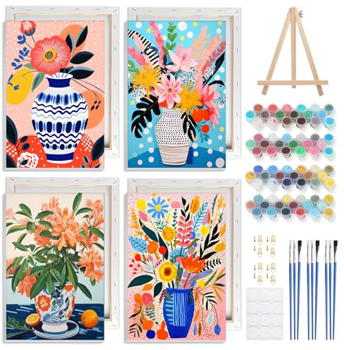 NAIMOER 4 Pack Framed Paint by Numbers Vase Flowers for Adults Kids, DIY Colorful Flowers Painting by Numbers with Frame Wooden Holder, Art on Canvas Gifts Home Wall Decor 8x12in