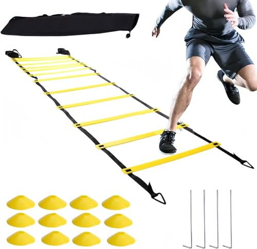 XQLY Speed Agility Training Kit Agility Ladder 12 Rungs with Carrying Bag 12 Cones, Improve Footwork and Athletic Performance Balance Training, Premium Set for Soccer Football Boxing