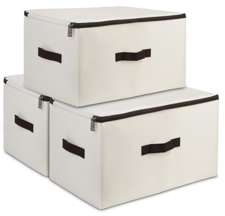 3 cestas plegables de almacenamiento de ropa para suéteres/abrigos/mantas/almohadas/libros/revistas, 45 x 35 x 25 cm, estructura dura, caja de almacenamiento para sala de estar, dormitorio, beige