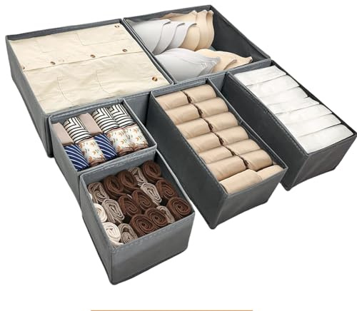 : GaoBangM 6-Pack Drawer Organisers Dividers for Wardrobe and Clothes, Grey | Foldable Storage Boxes for Underwear, Socks, Bras, Baby Clothes, Accessories Space Saving Home Organisation Solution