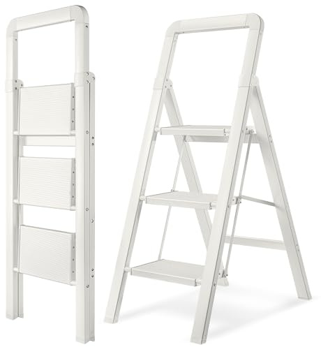 BIBKOKE Step Ladder 3-Step White Finish Aluminum Folding Ladders