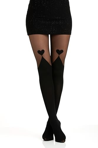 Gi&Gi Collant Donna con Design a Cuore, Calze Eleganti in Nylon, Nero, Motivo Mock Over-Knee