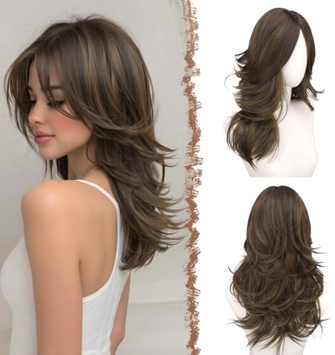FESHFEN Parrucca Lunghe Ondulate con Frangia per Donne, 50 cm Marrone con Riflessi Parrucche Naturale Stratificato Sintetici Resistente Wig per Use Quotidiano le Feste e il Cosplay