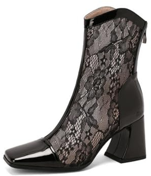 Genérico Botines Tobillo Mujer Encaje Floral Punta Cuadrada Tacón Bloque Botines Charol Cuero Malla Encaje Transparente Botines Tobillo con Cierre Cremallera